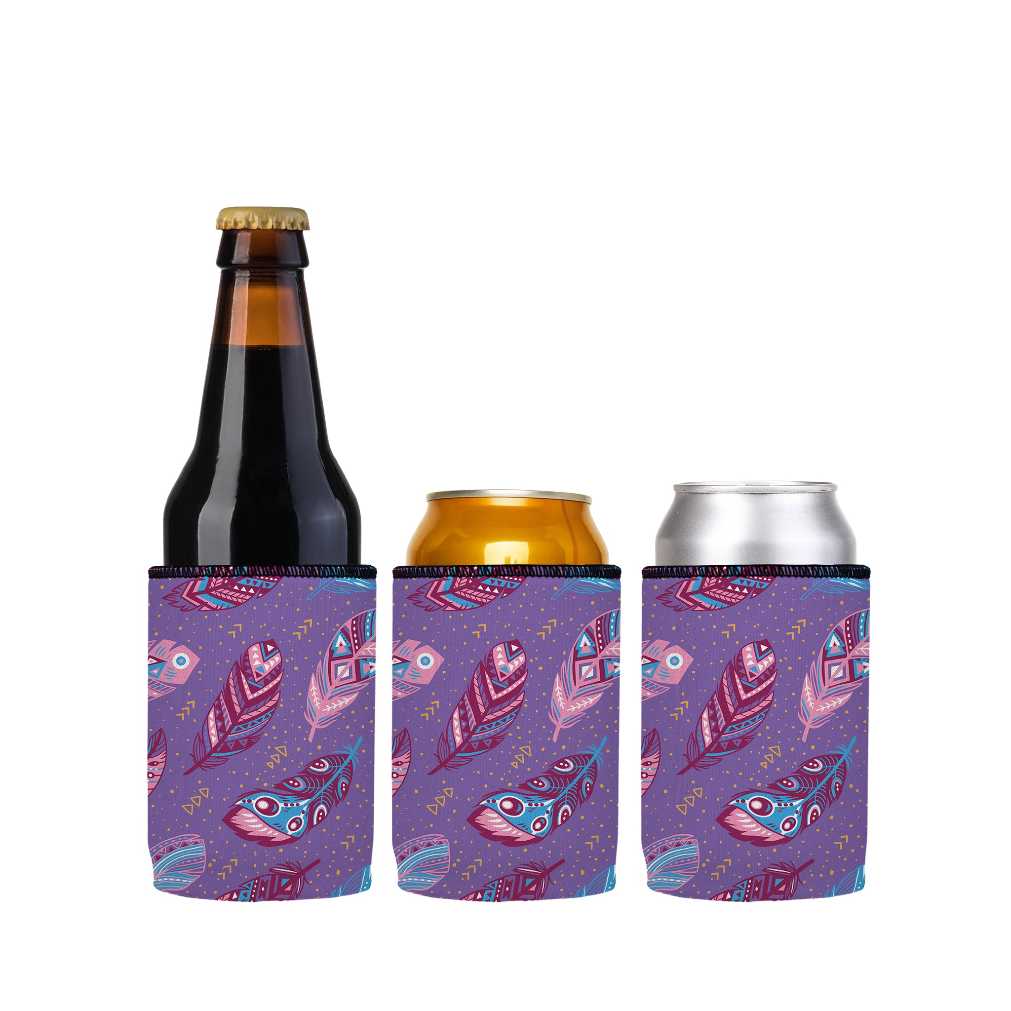 Stubbyz Purple Boho Feathers Stubby Cooler 3-Pack