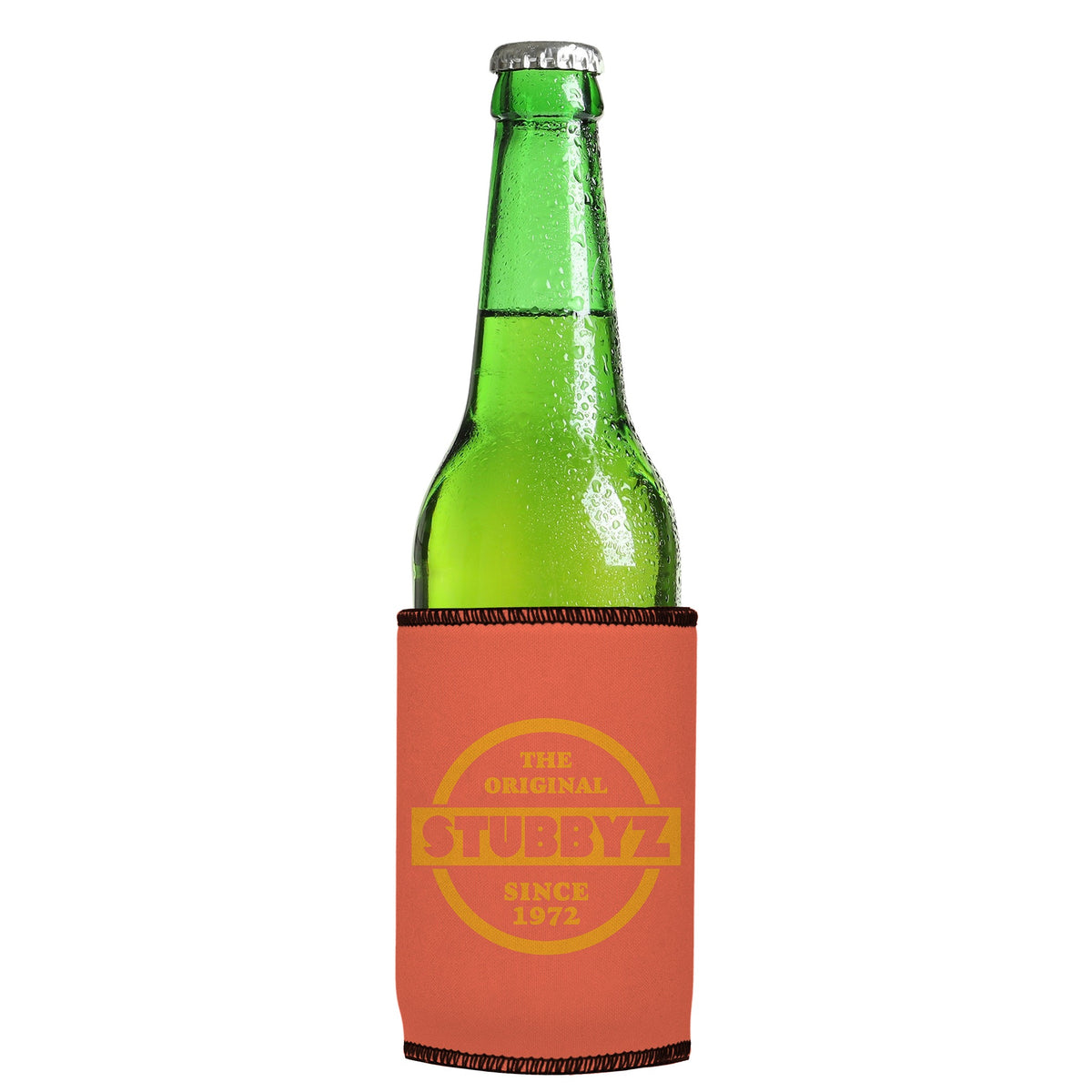 The Original (Coral) Stubbyz One Size cooler on a slim Euro-style bottle