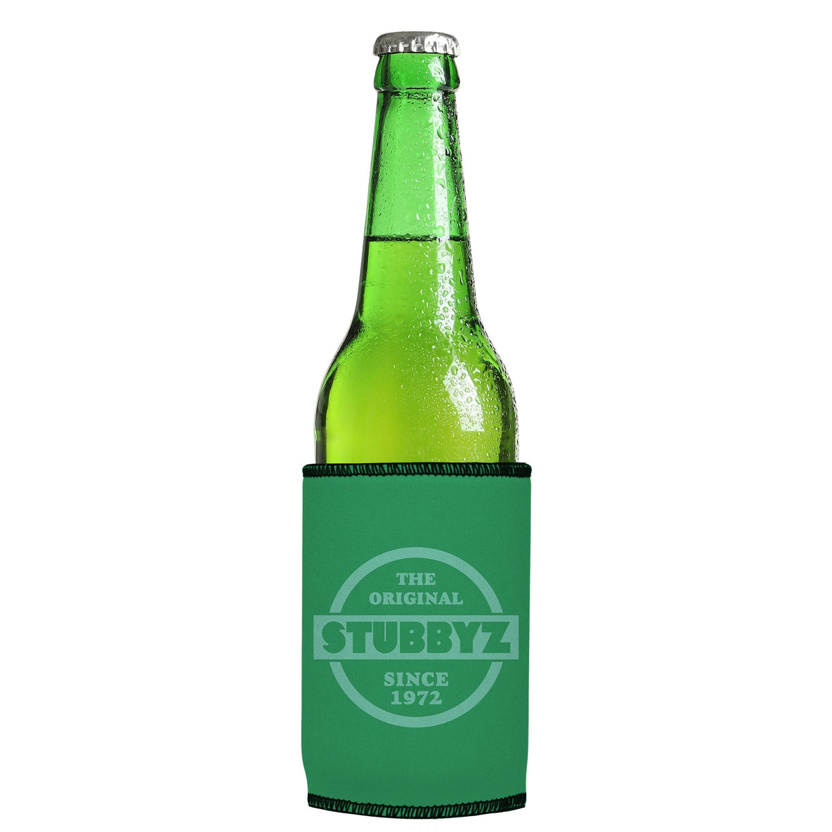 The Original (Green) Stubbyz One Size cooler on a slim Euro-style bottle