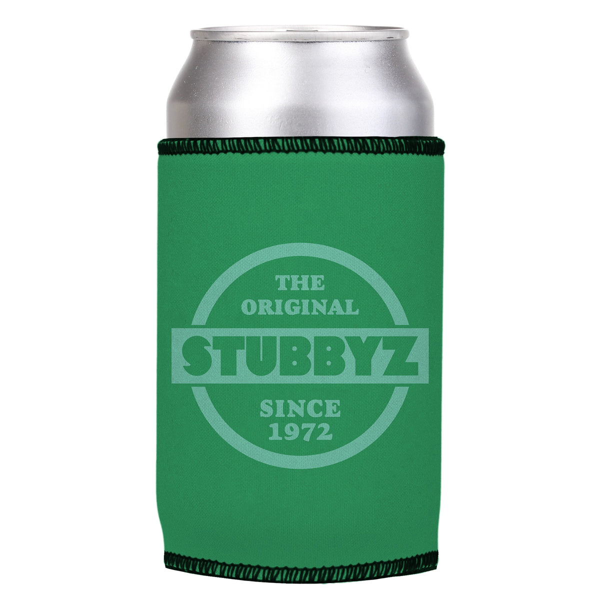 The Original (Green) Stubbyz One Size cooler on a standard can, angled view