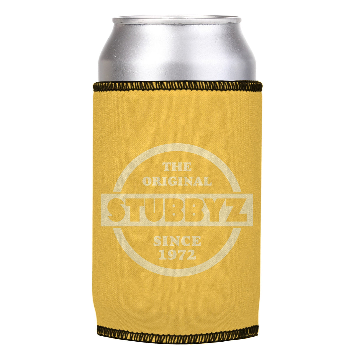 The Original (Mustard) Stubbyz One Size cooler on a standard can, angled view