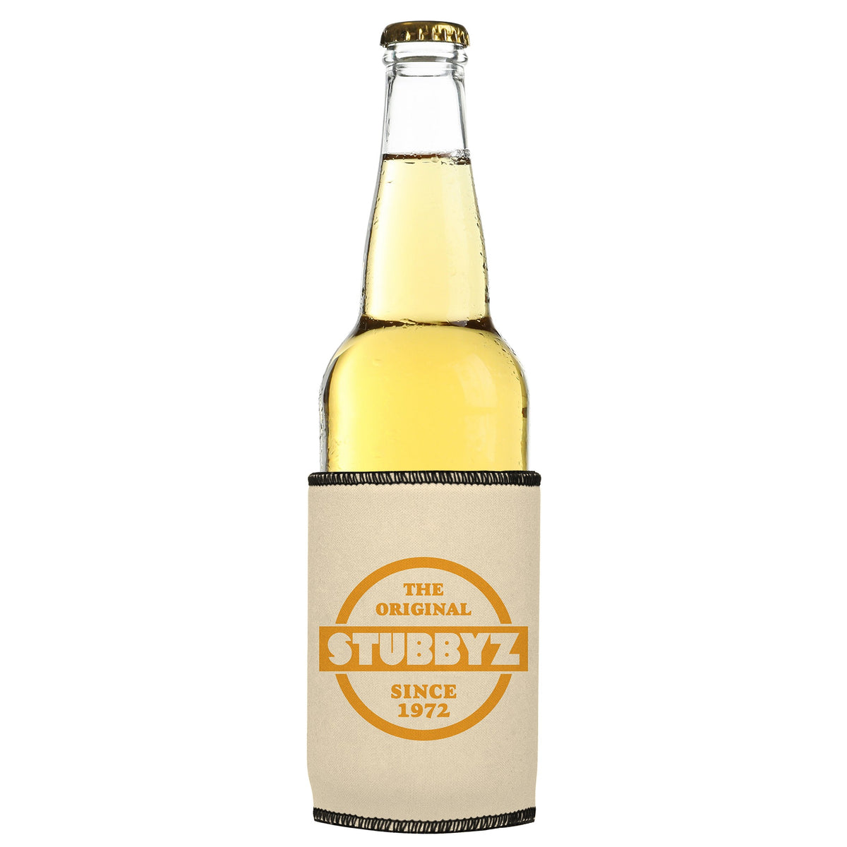 The Original (Tan) Stubbyz One Size cooler on a slim bottle, angled view