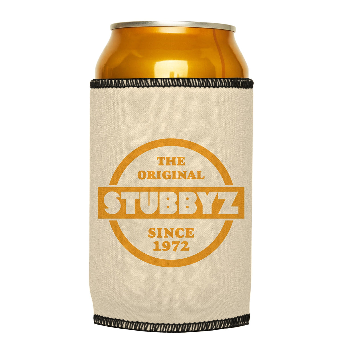 The Original (Tan) Stubbyz One Size cooler on a standard can