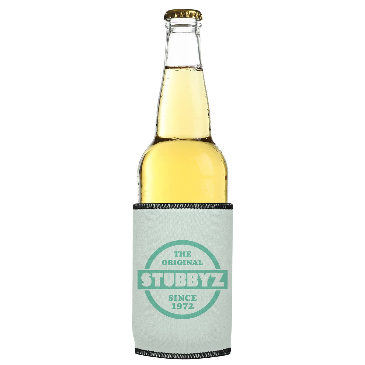 The Original (Mint) Stubbyz One Size cooler on a slim bottle, angled view