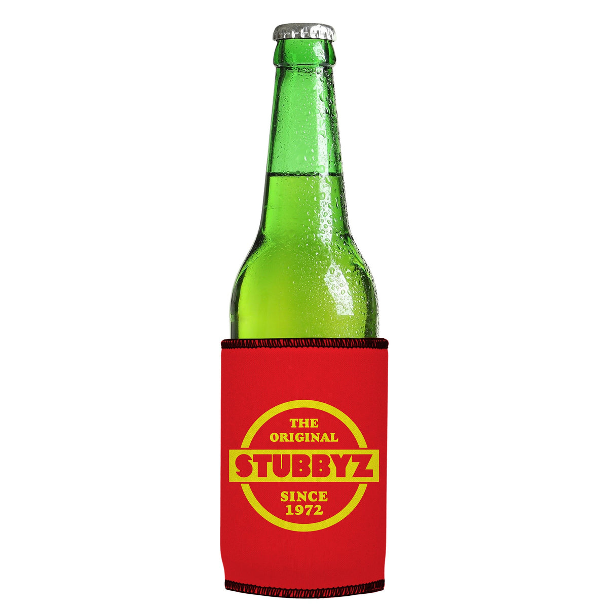 The Original (Red) Stubbyz One Size cooler on a slim Euro-style bottle