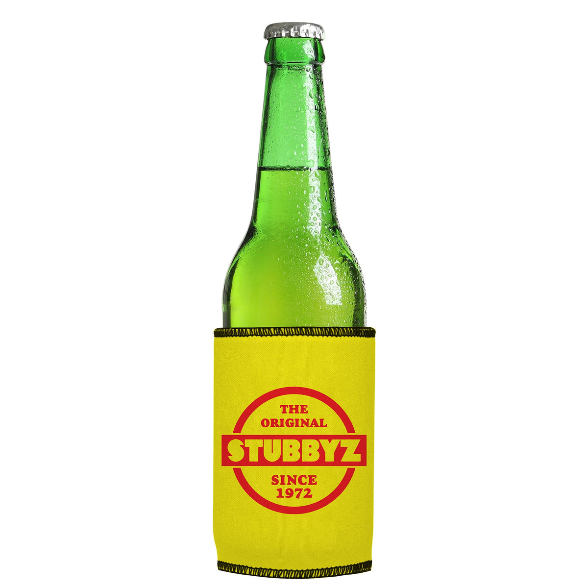 The Original (Yellow) Stubbyz One Size cooler on a slim Euro-style bottle