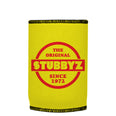 The Original (Yellow) Stubbyz One Size baseless stubby cooler, shown flat