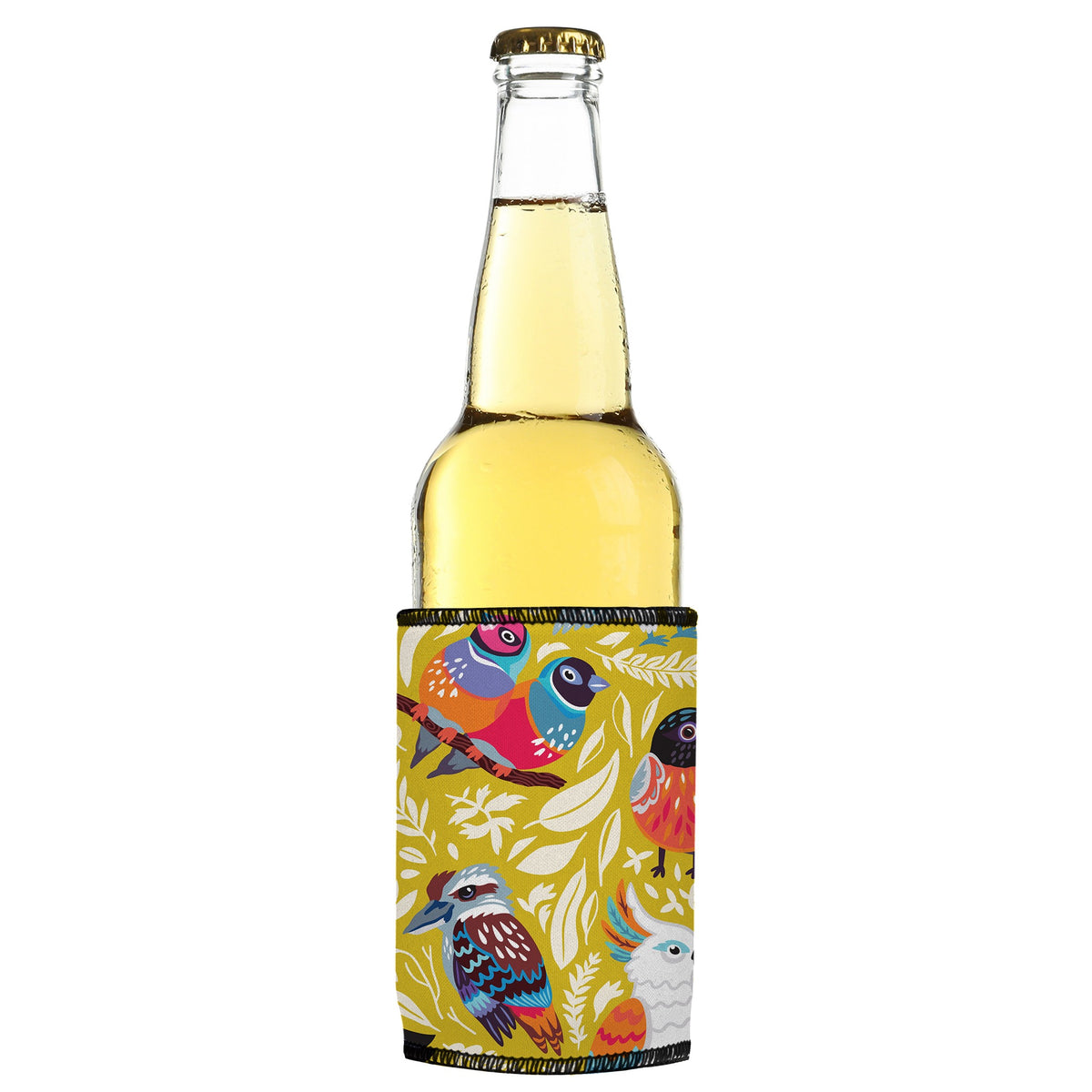 Aussie Birds II Stubbyz One Size cooler on a slim bottle, angled view
