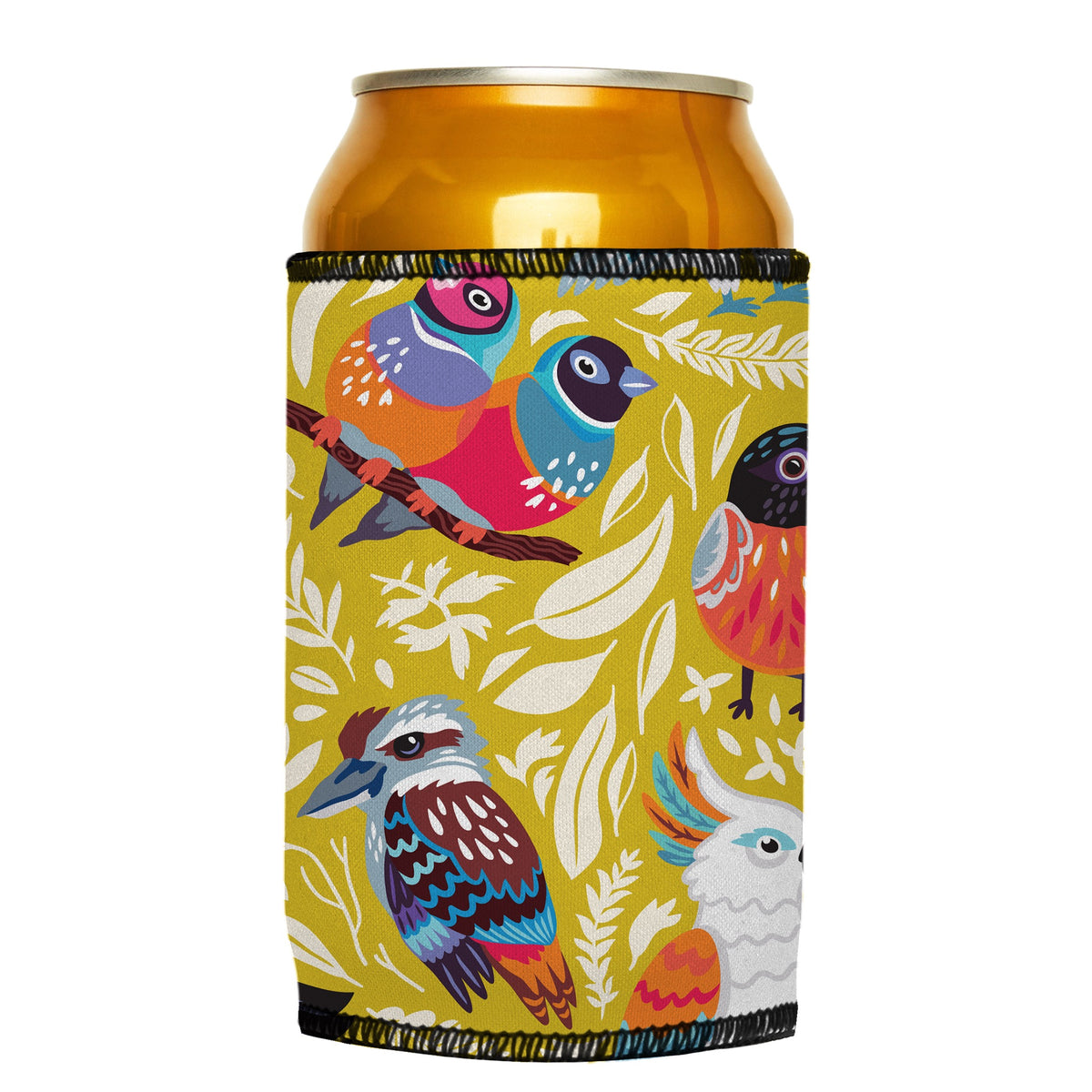 Aussie Birds II Stubbyz One Size cooler on a standard can