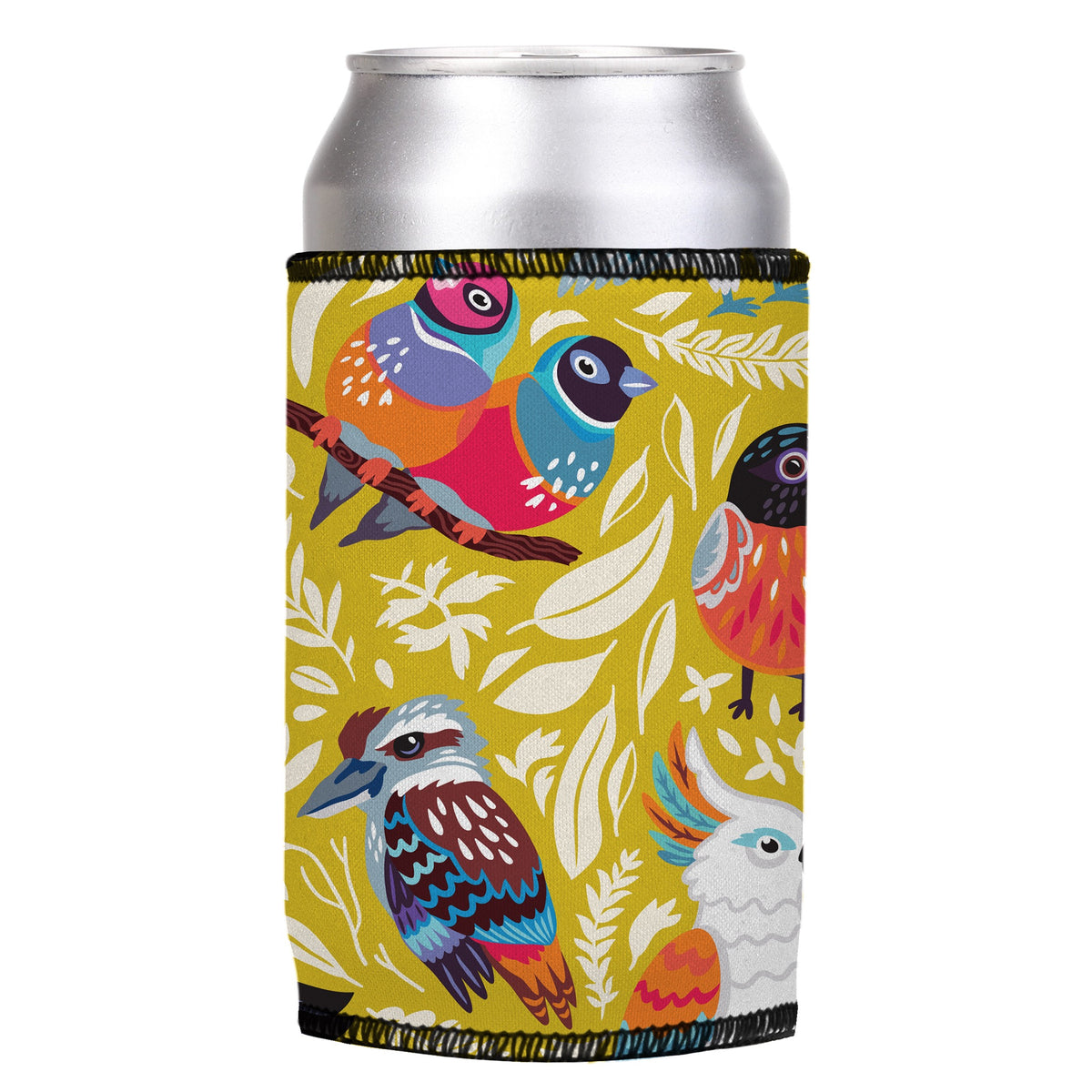 Aussie Birds II Stubbyz One Size cooler on a standard can, angled view
