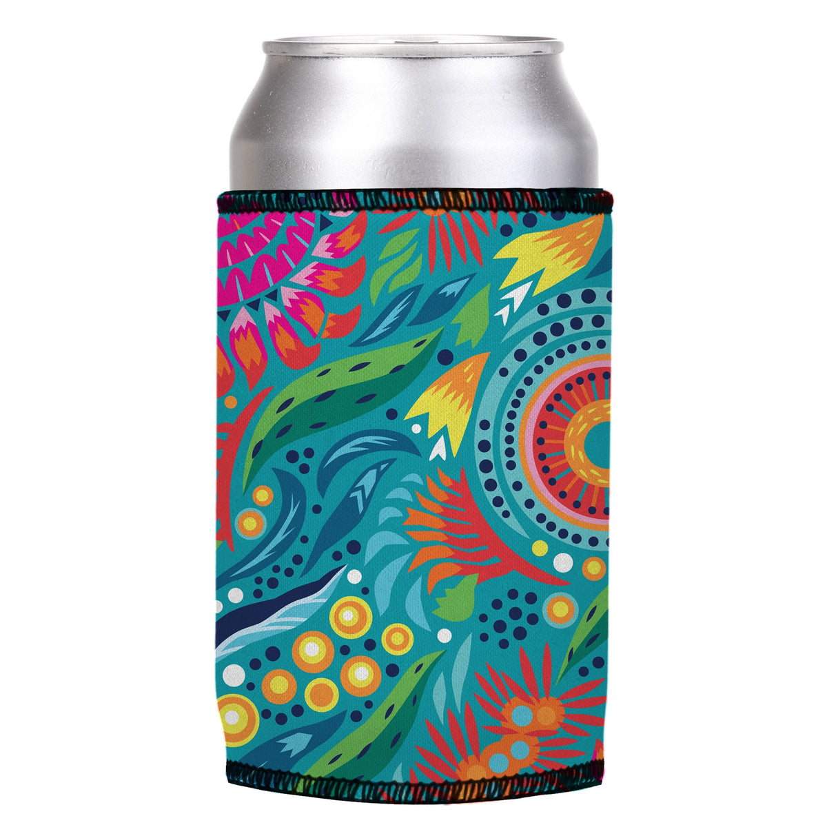 Australian Flowers II Stubbyz One Size cooler on a standard can, angled view