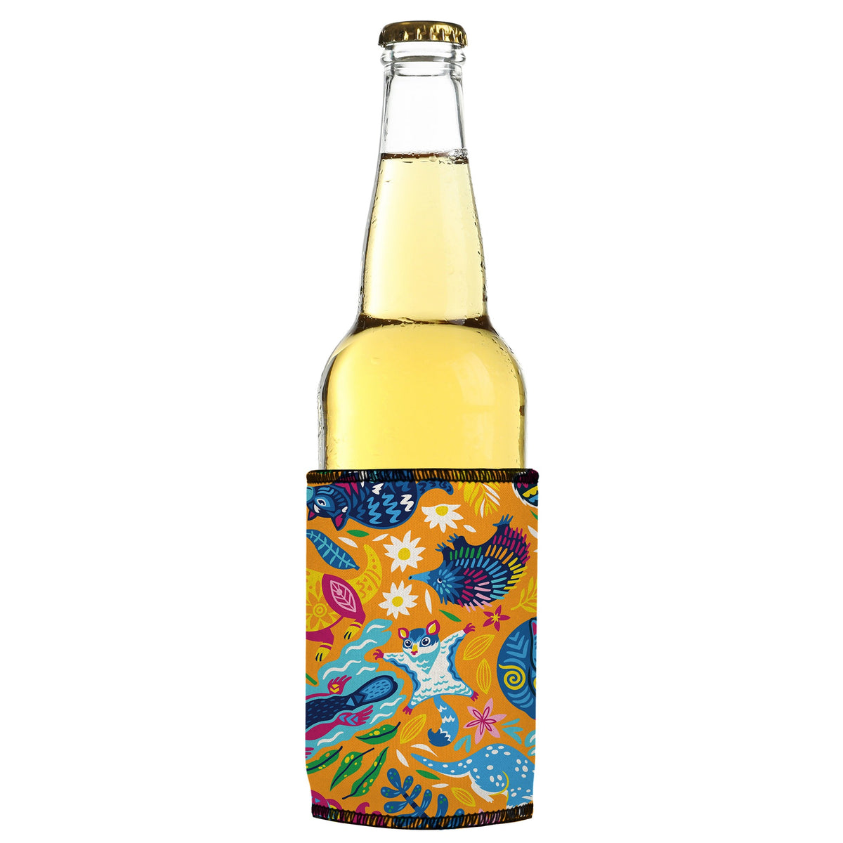 Aussie Crawl Stubbyz One Size cooler on a slim bottle, angled view