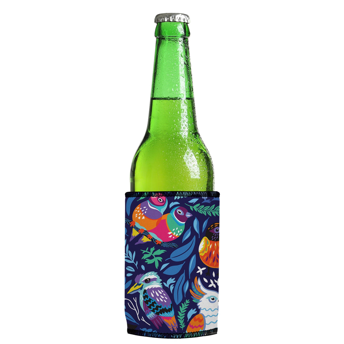Aussie Birds IV Stubbyz One Size cooler on a slim Euro-style bottle
