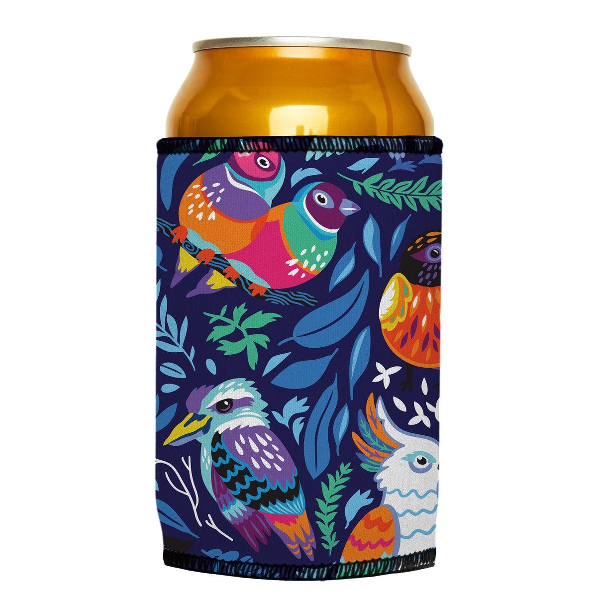 Aussie Birds IV Stubbyz One Size cooler on a standard can