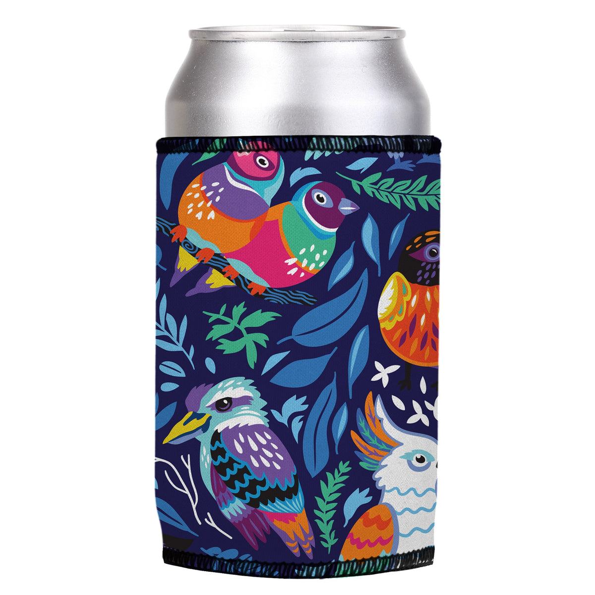 Aussie Birds IV Stubbyz One Size cooler on a standard can, angled view