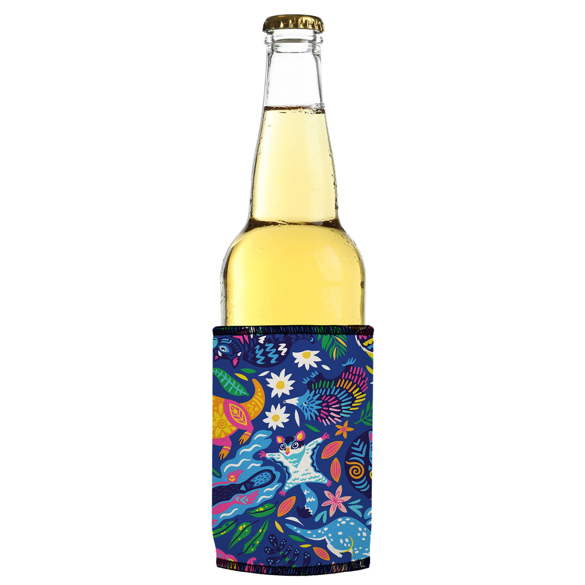 Aussie Crawl III Stubbyz One Size cooler on a slim bottle, angled view