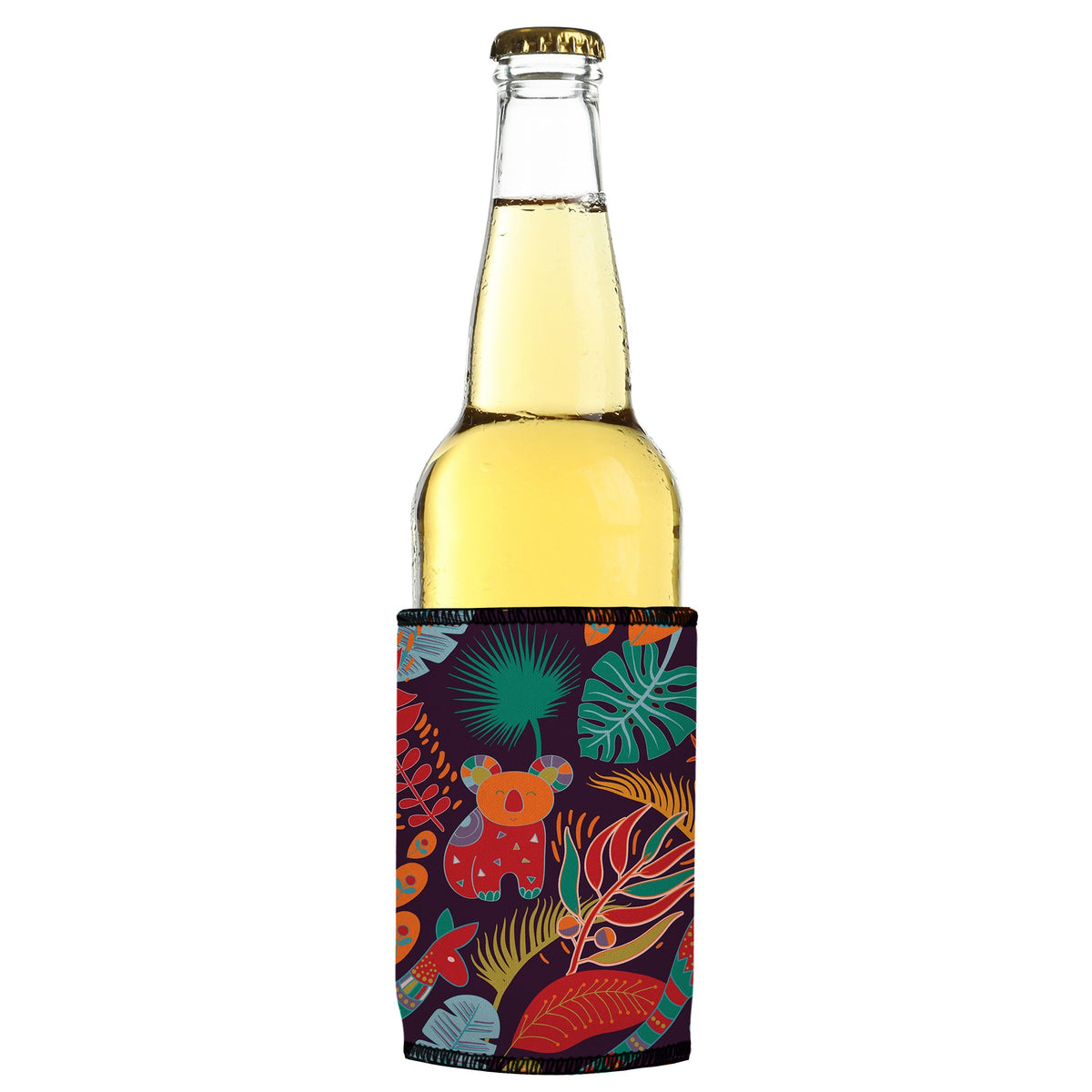 Australian Animals Stubbyz One Size cooler on a slim bottle, angled view