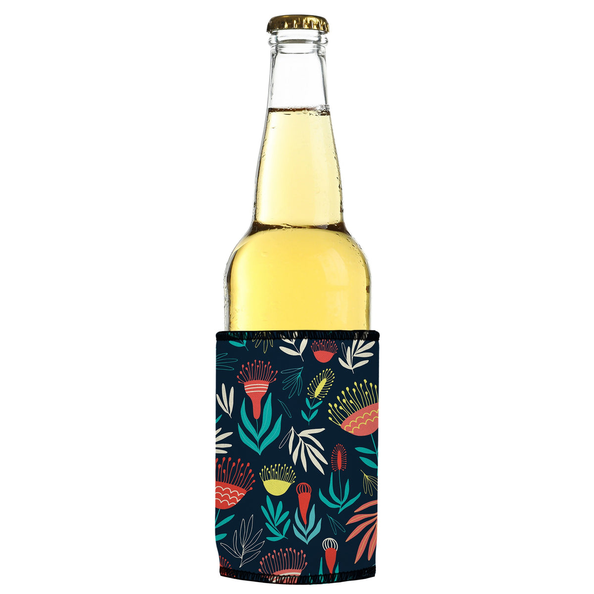 Australian Native Stubbyz One Size cooler on a slim bottle, angled view