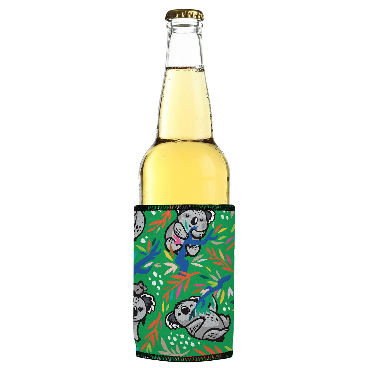Nom Nom Koala Stubbyz One Size cooler on a slim bottle, angled view