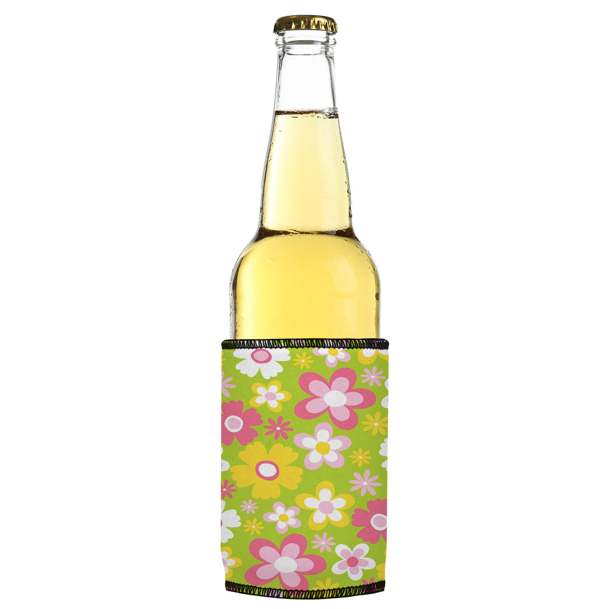 Hazy Daisy Stubbyz One Size cooler on a slim bottle, angled view