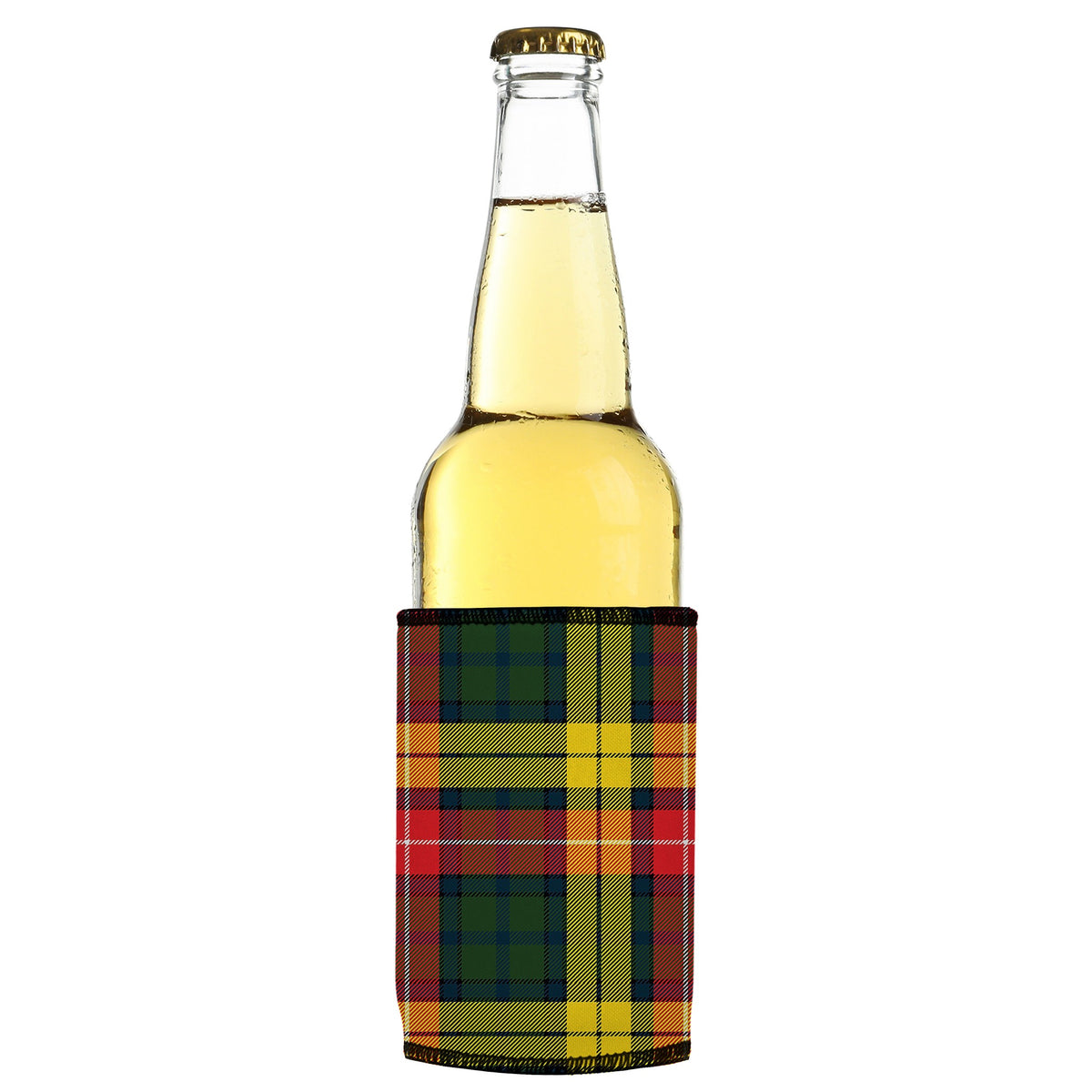 Tartan Print Stubbyz One Size cooler on a slim bottle, angled view