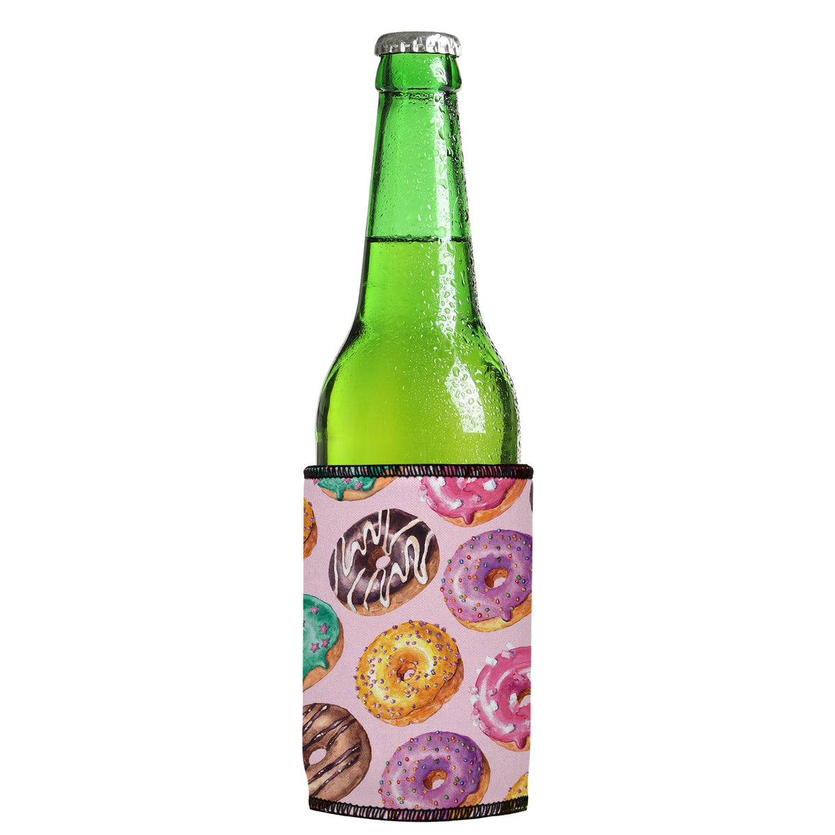 Donuts Go Nuts Stubbyz One Size cooler on a slim Euro-style bottle