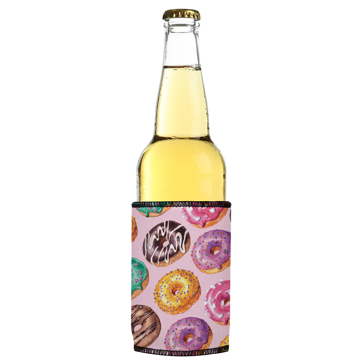 Donuts Go Nuts Stubbyz One Size cooler on a slim bottle, angled view