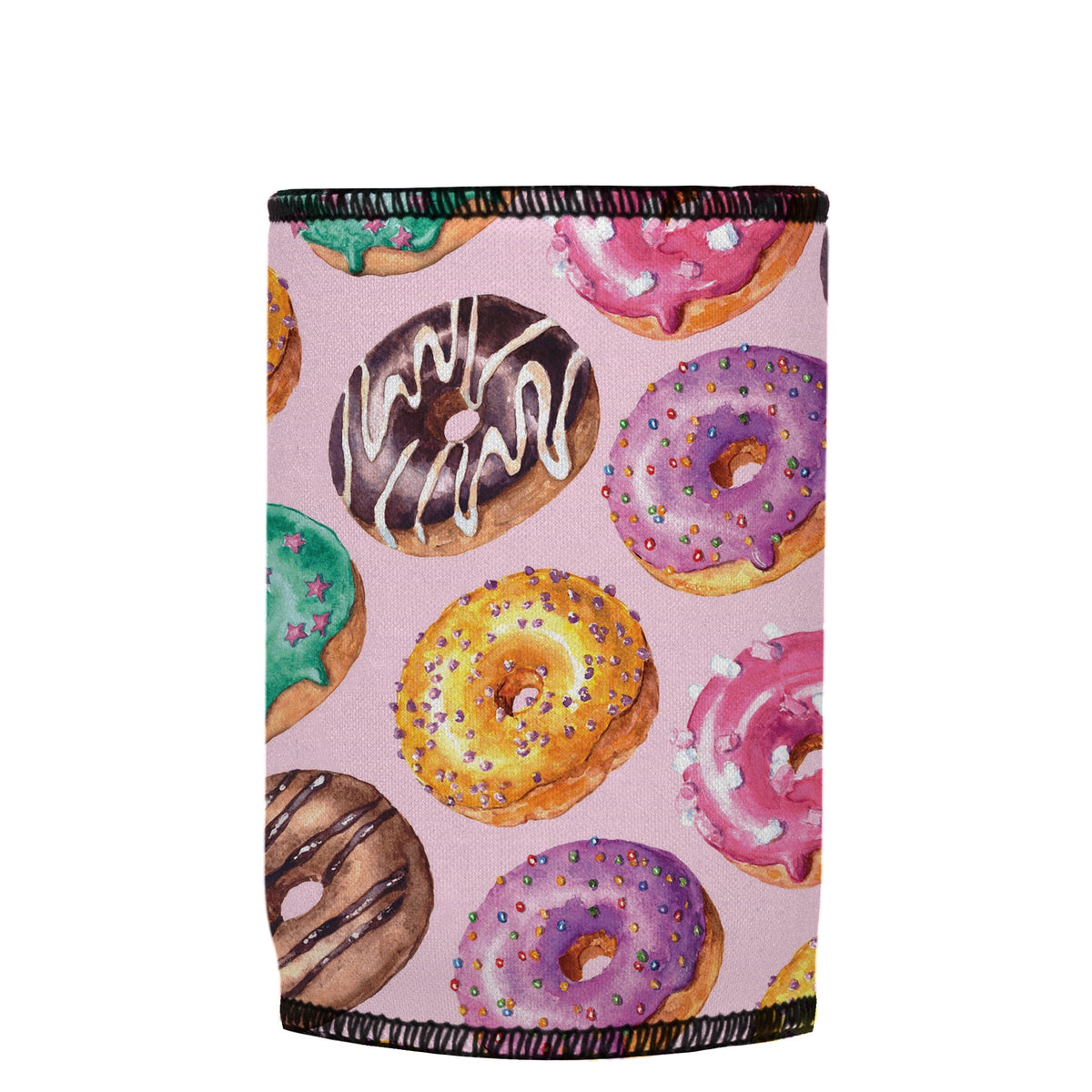 Donuts Go Nuts Stubbyz One Size baseless stubby cooler, shown flat