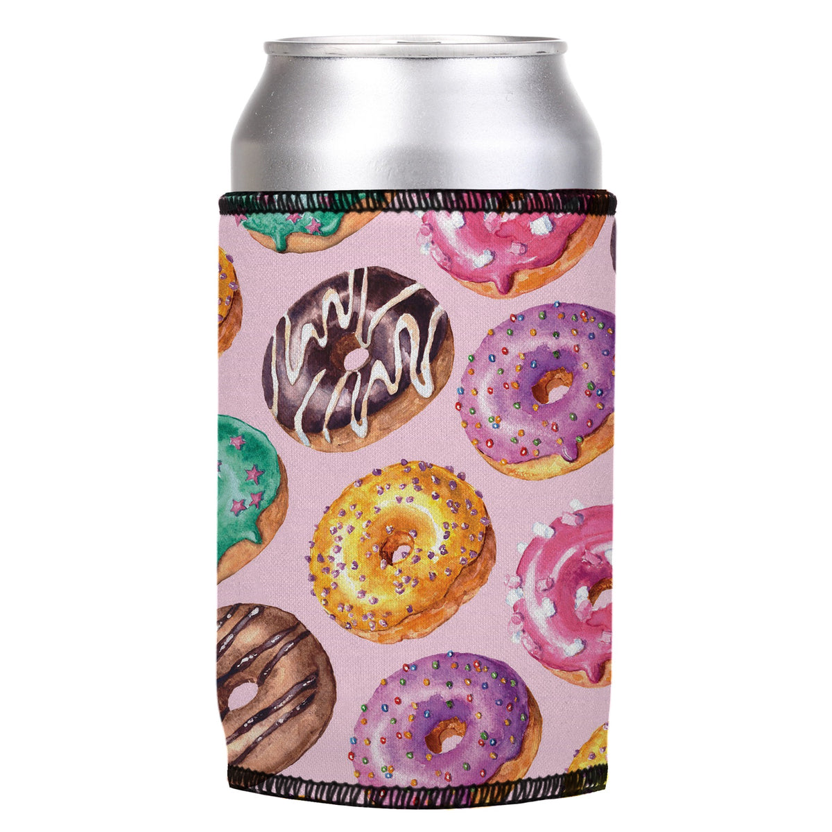 Donuts Go Nuts Stubbyz One Size cooler on a standard can, angled view