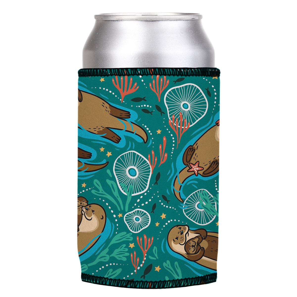 Sea Otters Chillin Stubbyz One Size cooler on a standard can, angled view