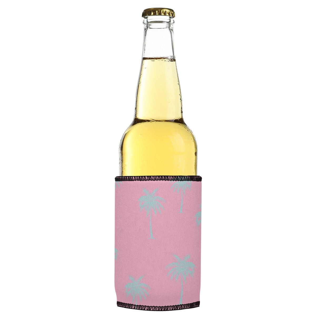 Palm Trees Aqua Pink Stubbyz One Size cooler on a slim bottle, angled view