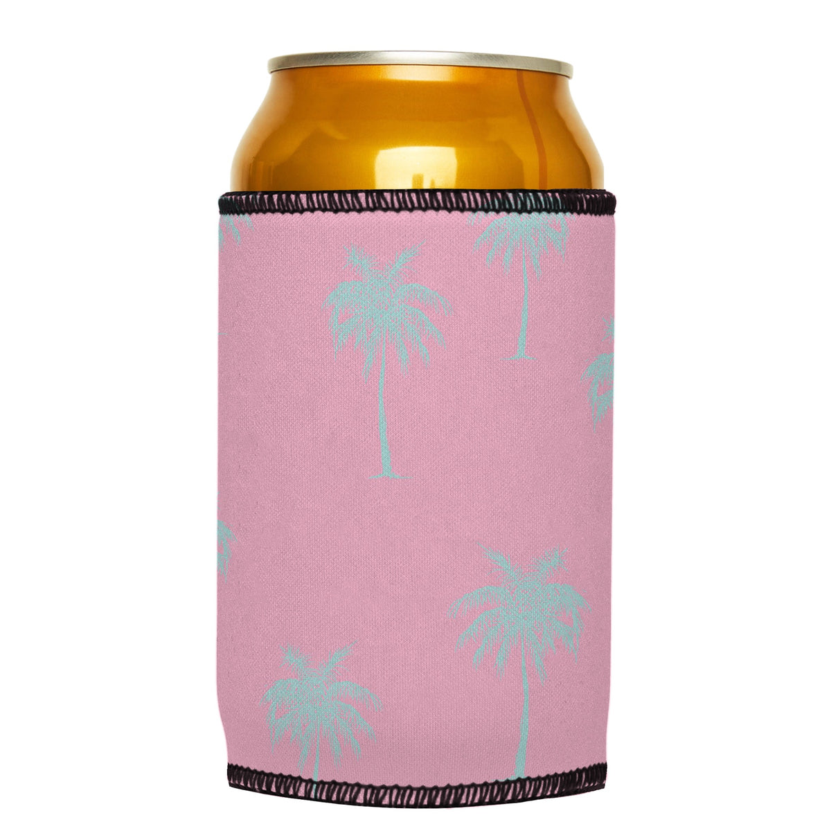 Palm Trees Aqua Pink Stubbyz One Size cooler on a standard can