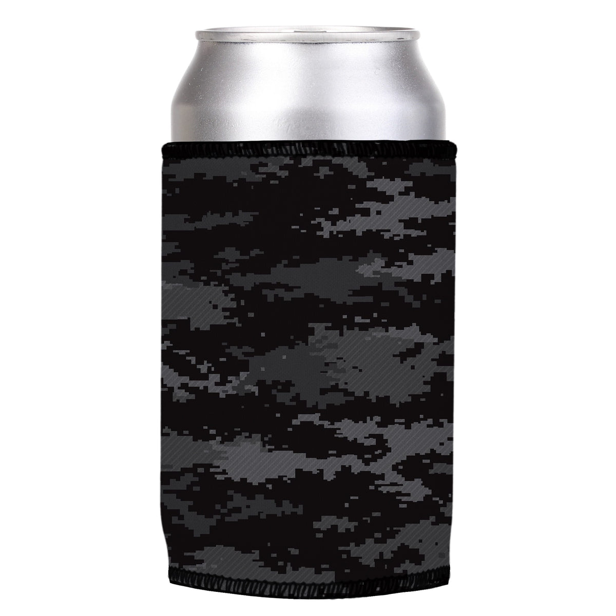 Digital Pixel Black Camo Stubbyz One Size cooler on a standard can, angled view