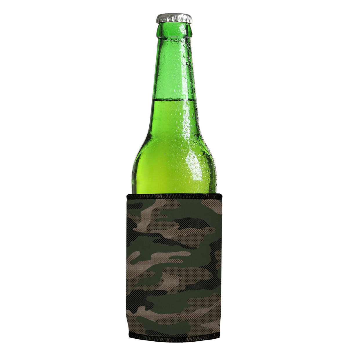 Green Camo Dot Pattern Stubbyz One Size cooler on a slim Euro-style bottle