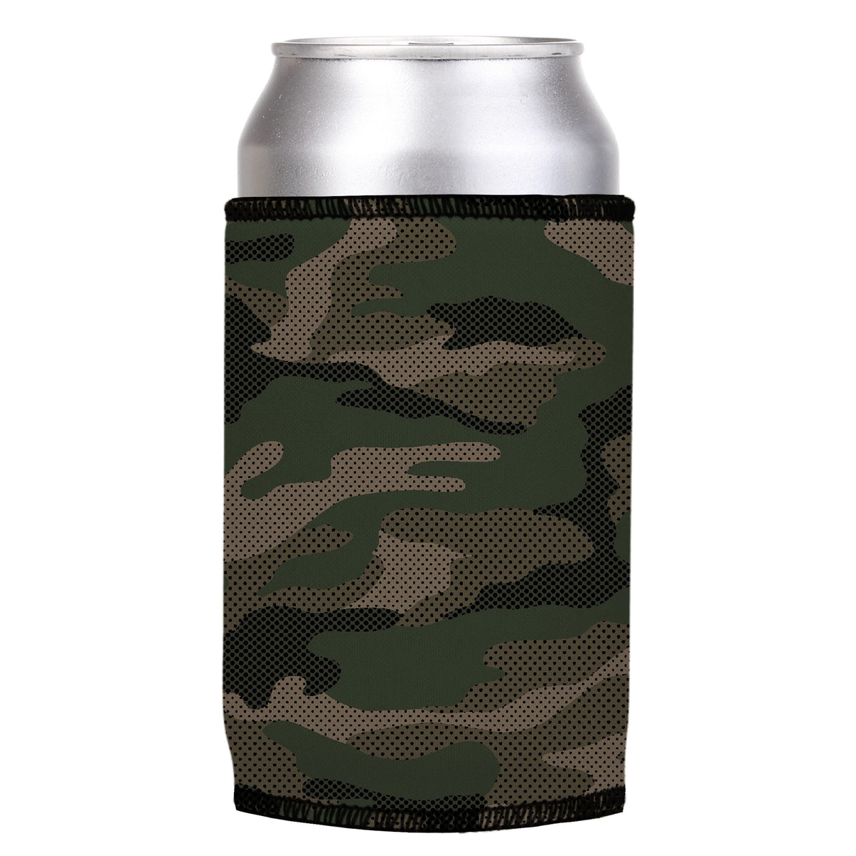 Green Camo Dot Pattern Stubbyz One Size cooler on a standard can, angled view