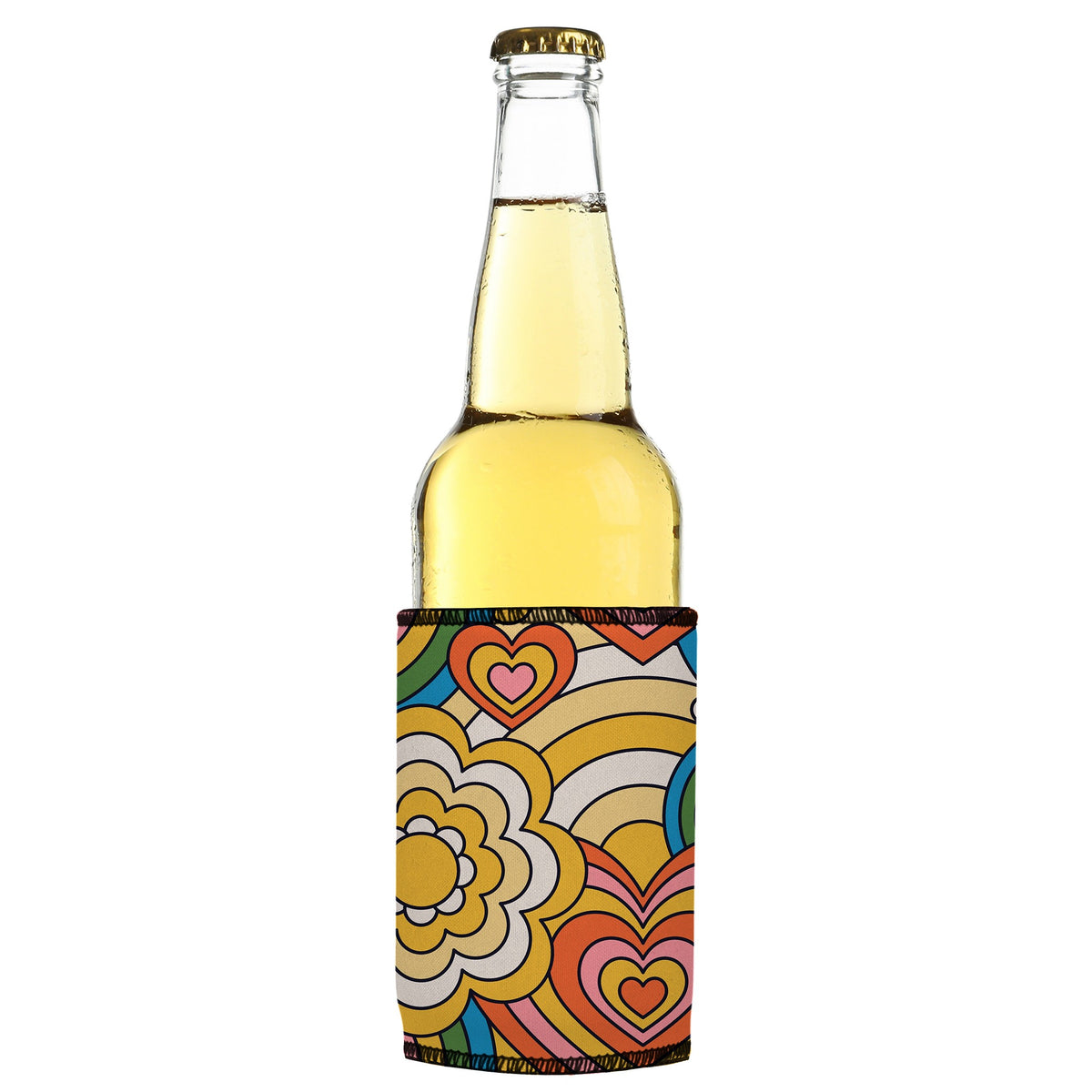 60s Hearts Stubbyz One Size cooler on a slim bottle, angled view