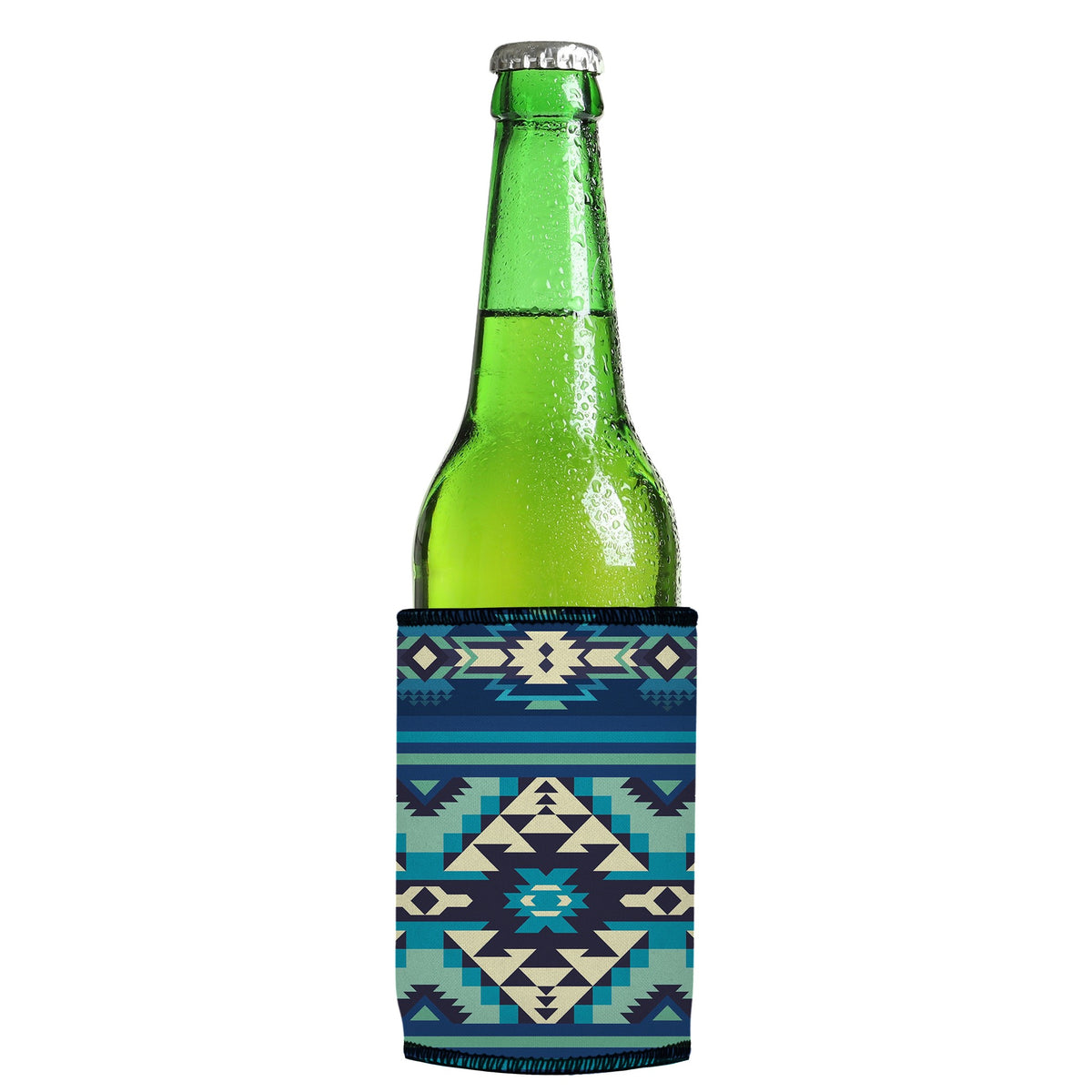 Blue Navajo Rug Stubbyz One Size cooler on a slim Euro-style bottle