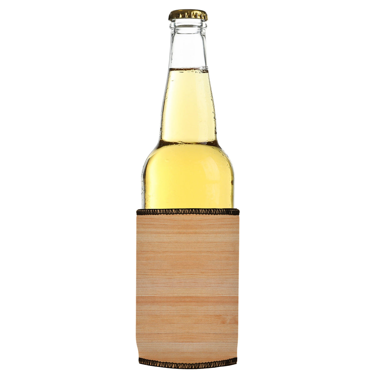 Wood Grain Stubbyz One Size cooler on a slim bottle, angled view