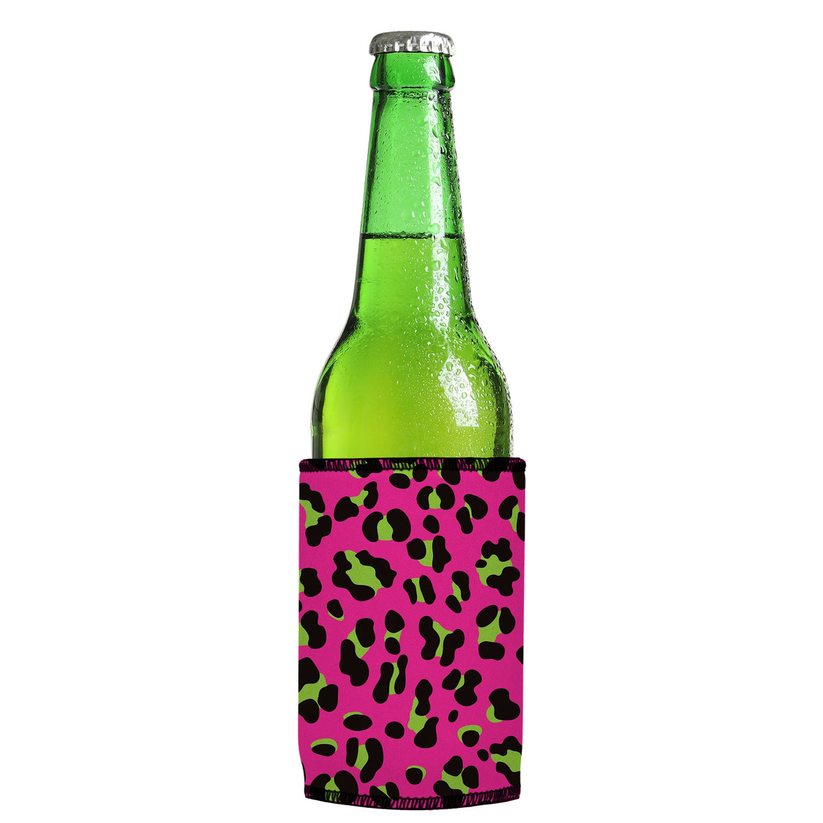 80s Leopard Print Stubbyz One Size cooler on a slim Euro-style bottle