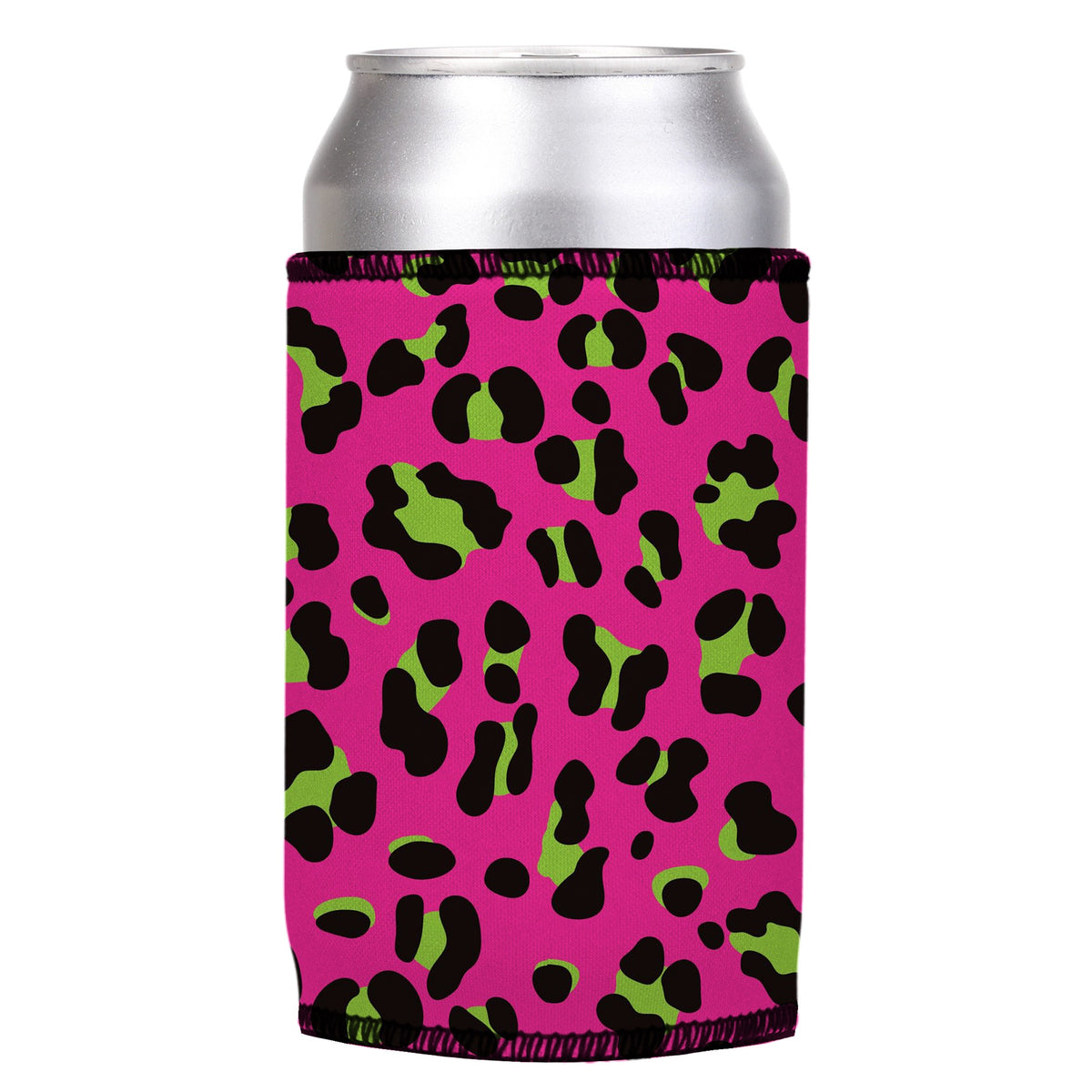 80s Leopard Print Stubbyz One Size cooler on a standard can, angled view