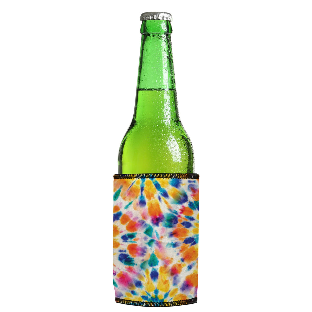 Rainbow Spiral Tie-Dye Stubbyz One Size cooler on a slim Euro-style bottle