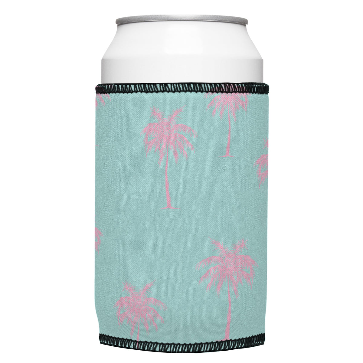 Palm Trees Pink Aqua Stubbyz One Size cooler on a standard bottle