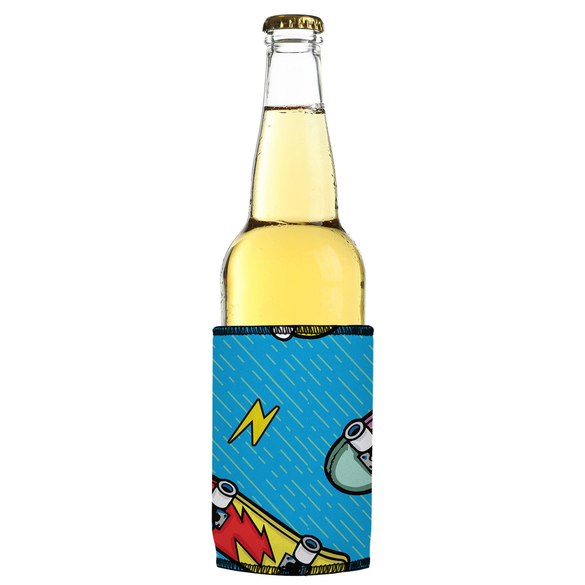 Old School Skateboards Stubbyz One Size cooler on a slim bottle, angled view