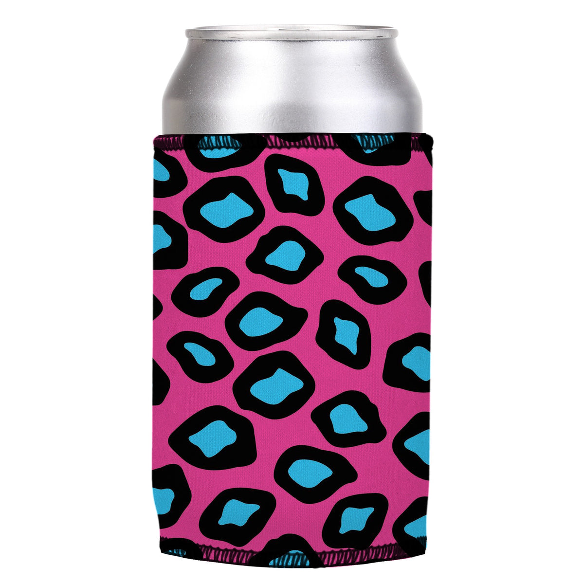 Pink Leopard Print Stubbyz One Size cooler on a standard can, angled view