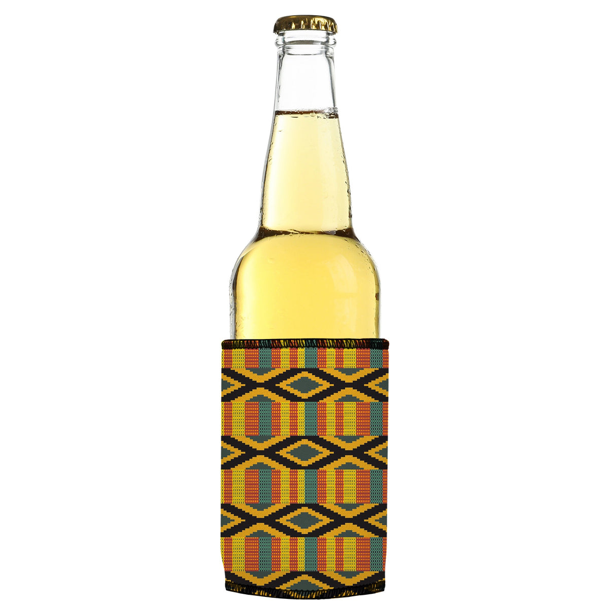 Ghana Kente Stubbyz One Size cooler on a slim bottle, angled view