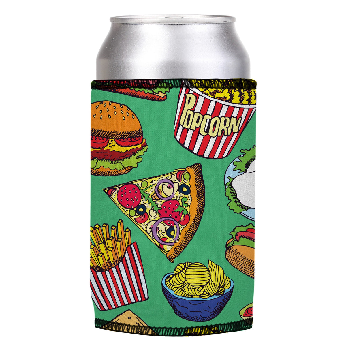 Burgers Junk Food Stubbyz One Size cooler on a standard can, angled view