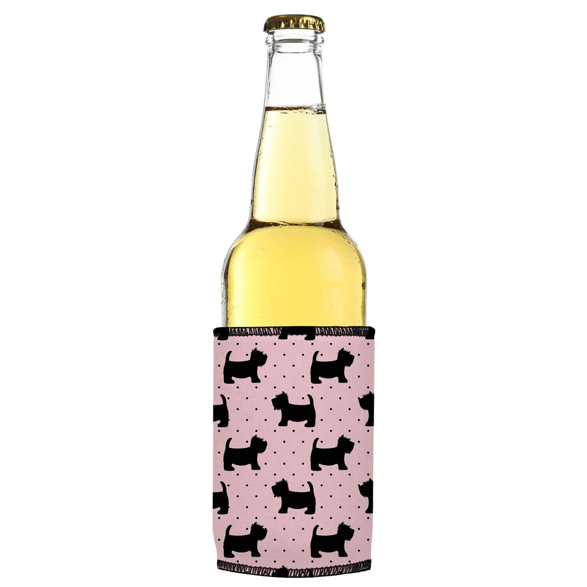 Scottish Terrier Stubbyz One Size cooler on a slim bottle, angled view