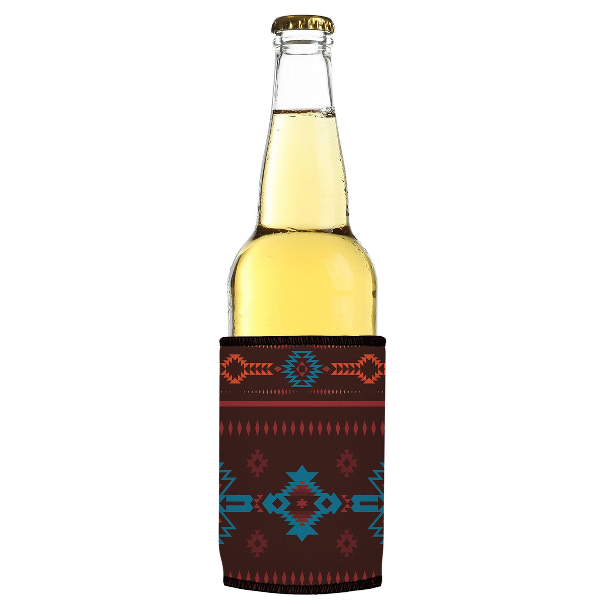 Brown Navajo Rug Stubbyz One Size cooler on a slim bottle, angled view