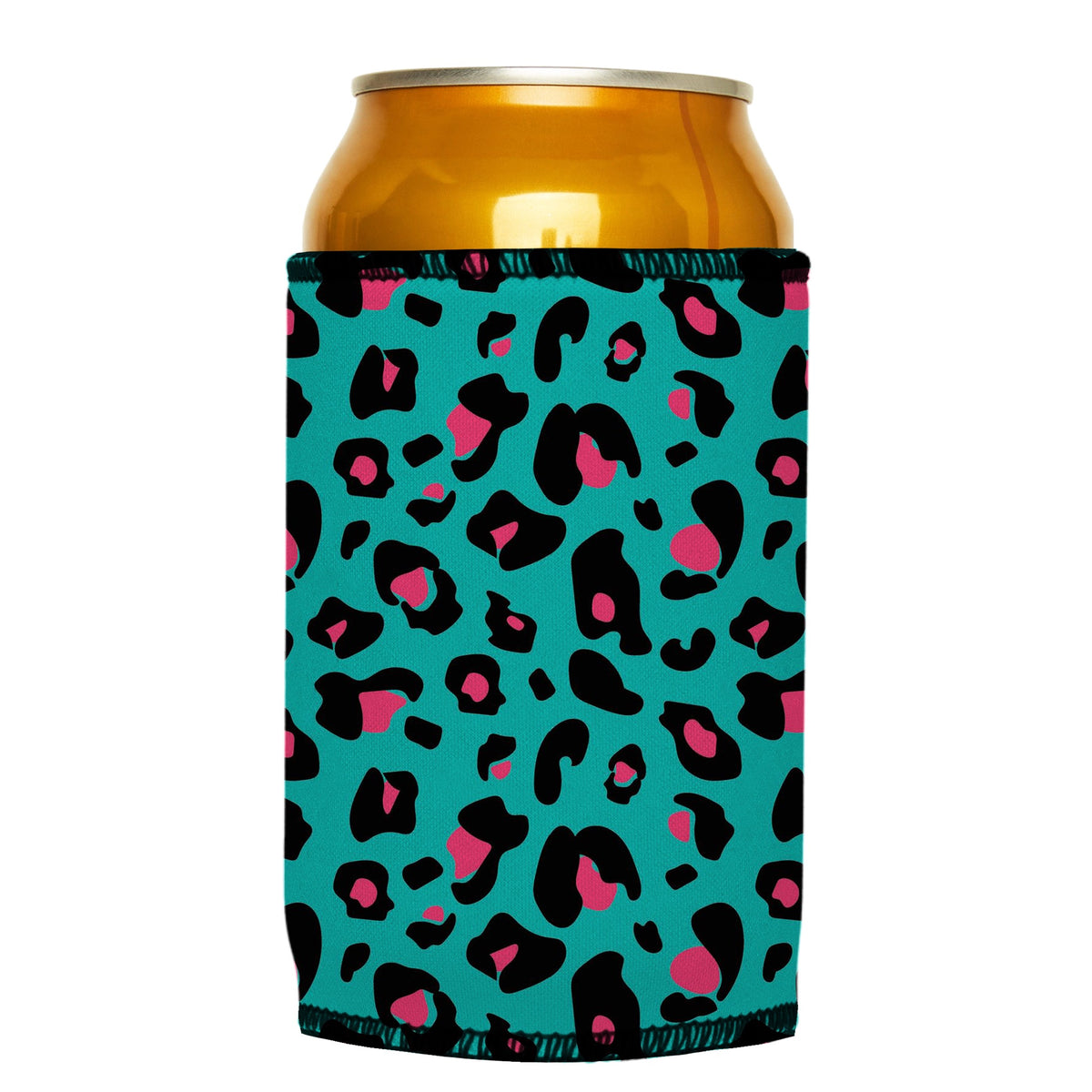 Teal Leopard Pattern Stubbyz One Size cooler on a standard can