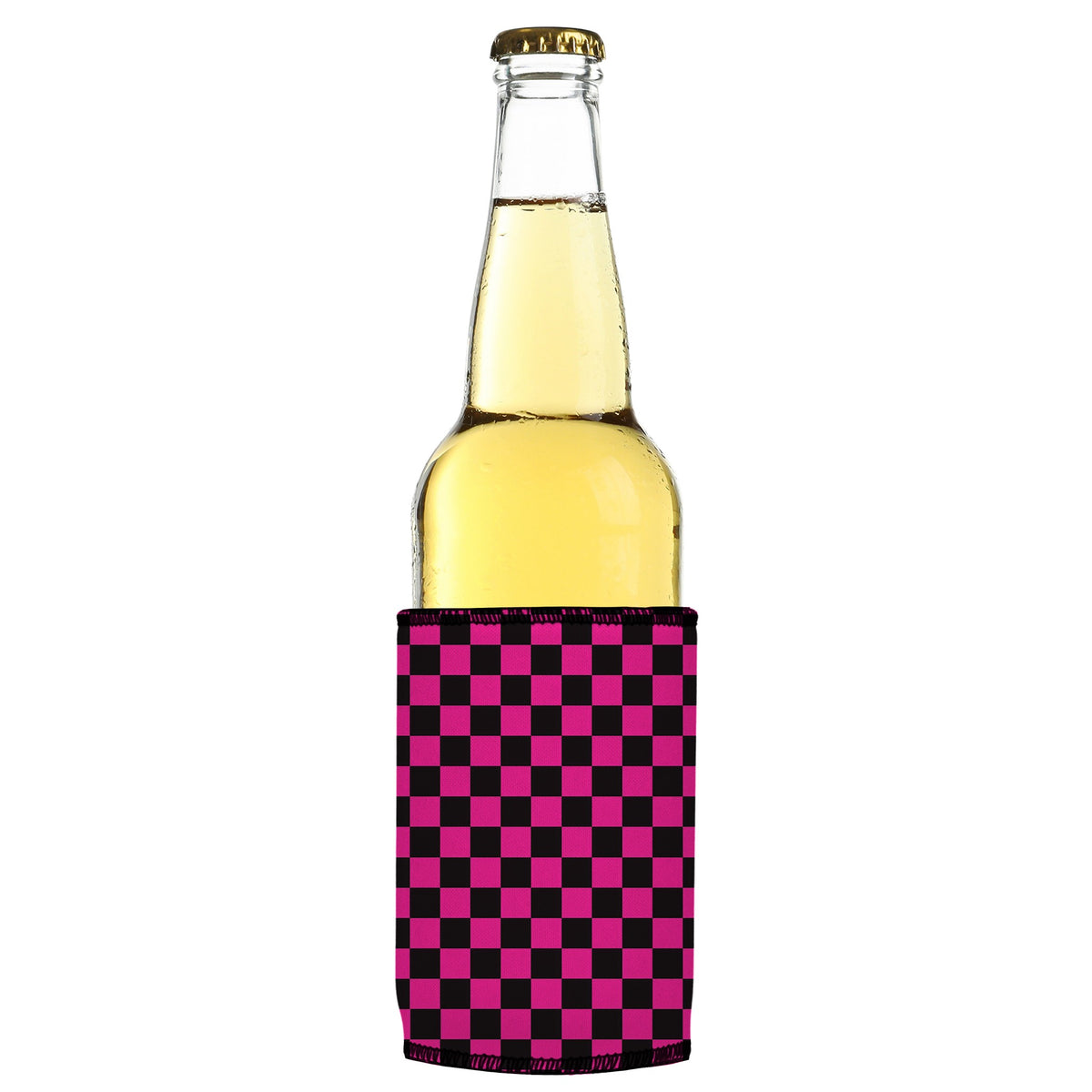 Pink Checkerboard Stubbyz One Size cooler on a slim bottle, angled view